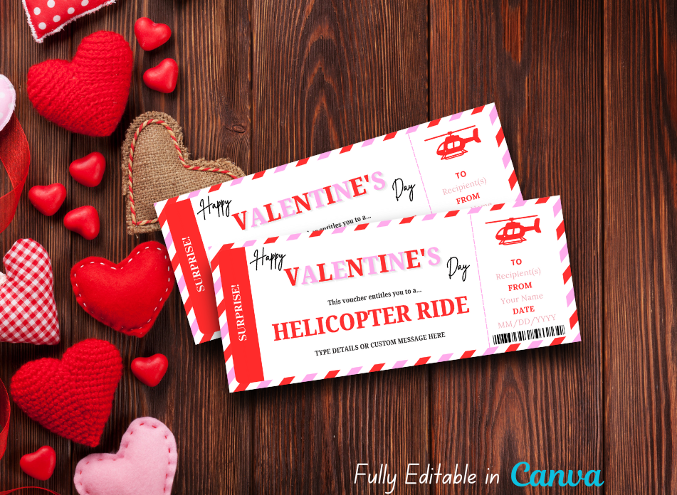 Valentine's Day Helicopter Ride Gift Voucher, Surprise Flying Ticket, Helipad Gift Ticket Template - INSTANT DOWNLOAD - Editable PDF