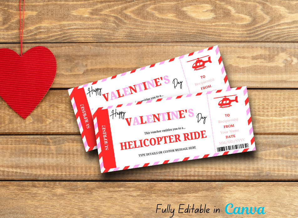 Valentine's Day Helicopter Ride Gift Voucher, Surprise Flying Ticket, Helipad Gift Ticket Template - INSTANT DOWNLOAD - Editable PDF