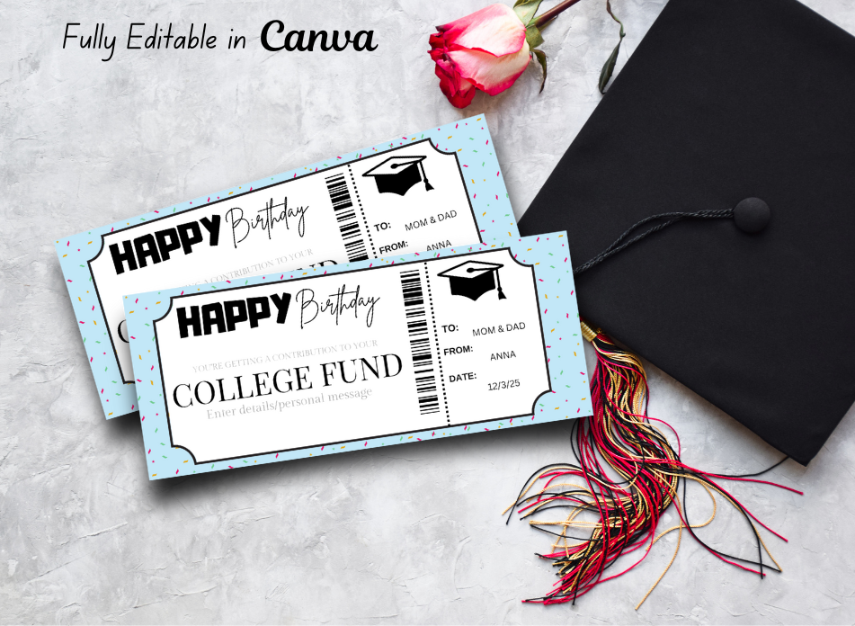 College Fund Gift Voucher Ticket |INSTANT DOWNLOAD - EDITABLE Text - Printable - Wesecurelife