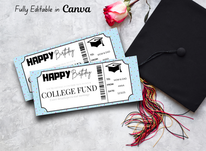 College Fund Gift Voucher Ticket |INSTANT DOWNLOAD - EDITABLE Text - Printable - Wesecurelife