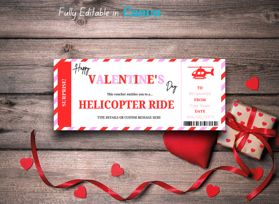 Valentine's Day Helicopter Ride Gift Voucher, Surprise Flying Ticket, Helipad Gift Ticket Template - INSTANT DOWNLOAD - Editable PDF