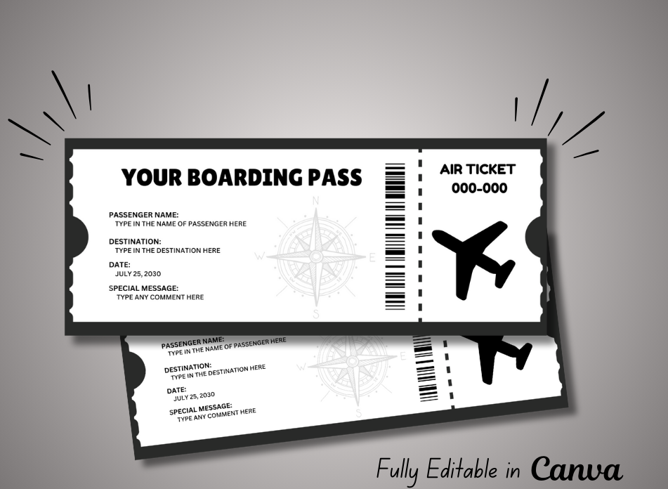 Editable Boarding Ticket Template - Airplane Ticket Modern Design - Plane Ticket Vacation-INSTANT DOWNLOAD