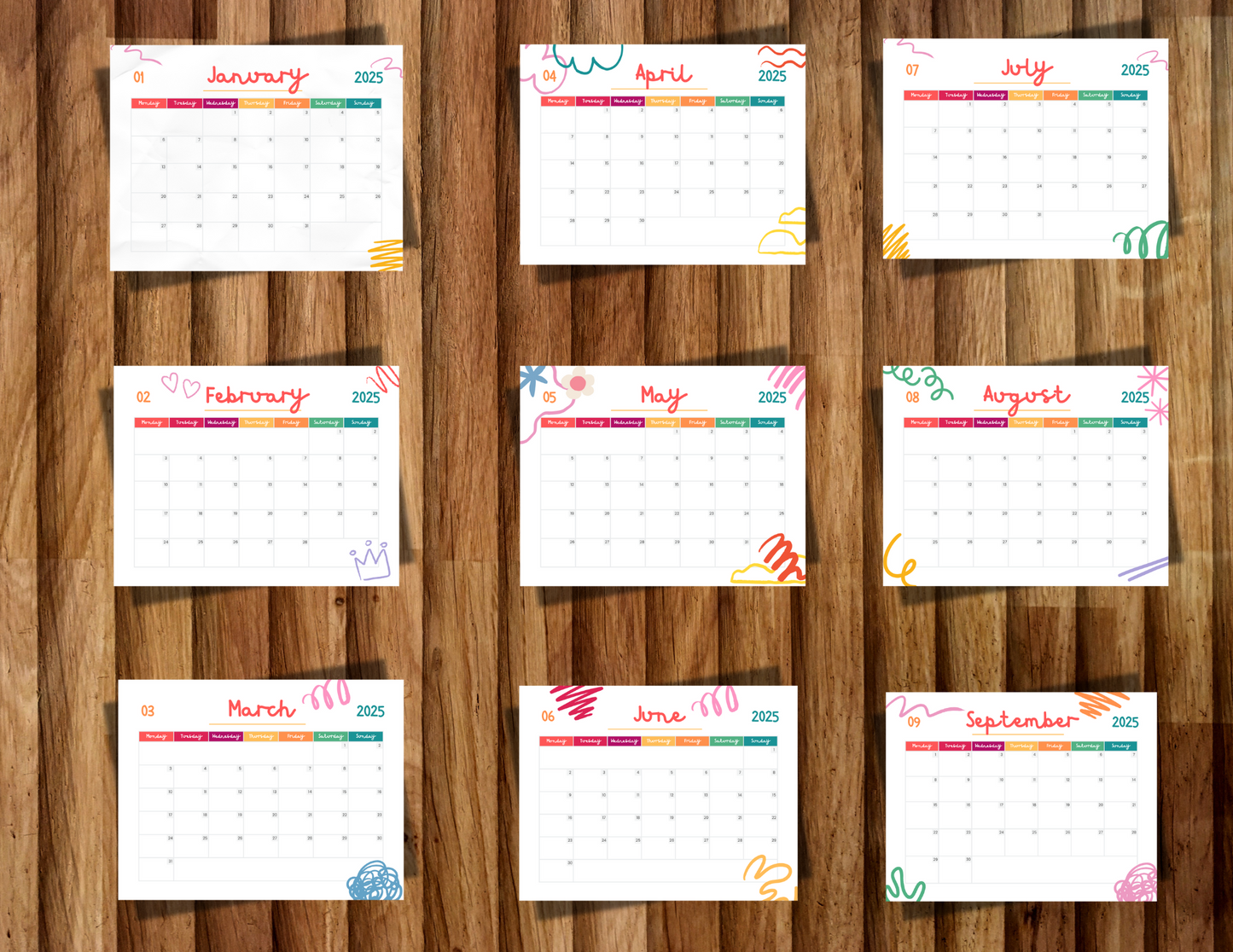 Colorful Doodle Planner 2025 Calendar, Kids' School Schedule, Classroom Printable - Wesecurelife