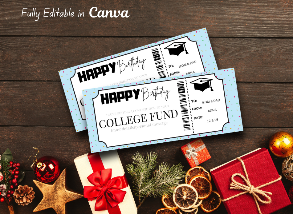 College Fund Gift Voucher Ticket |INSTANT DOWNLOAD - EDITABLE Text - Printable - Wesecurelife