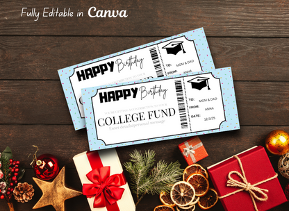 College Fund Gift Voucher Ticket |INSTANT DOWNLOAD - EDITABLE Text - Printable - Wesecurelife