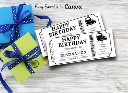 Birthday Train Gift Ticket - Birthday Boarding Pass Train Gift Voucher Card Certificate - Printable Birthday Gift Template, Instant Download