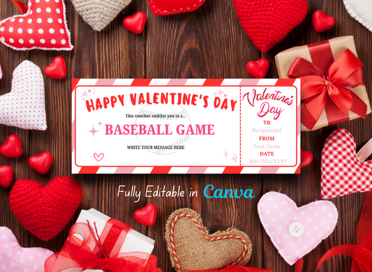 Baseball Game Valentine's Day Ticket Coupon – Editable, Instant Download, Printable Personalized Gift Ticket