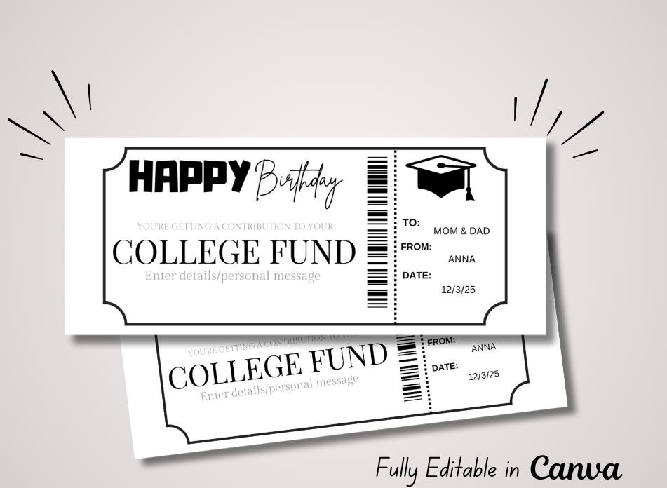 College Fund Gift Voucher Ticket | Birthday Template Certificate Ticket |INSTANT DOWNLOAD - EDITABLE Text - Printable - Wesecurelife