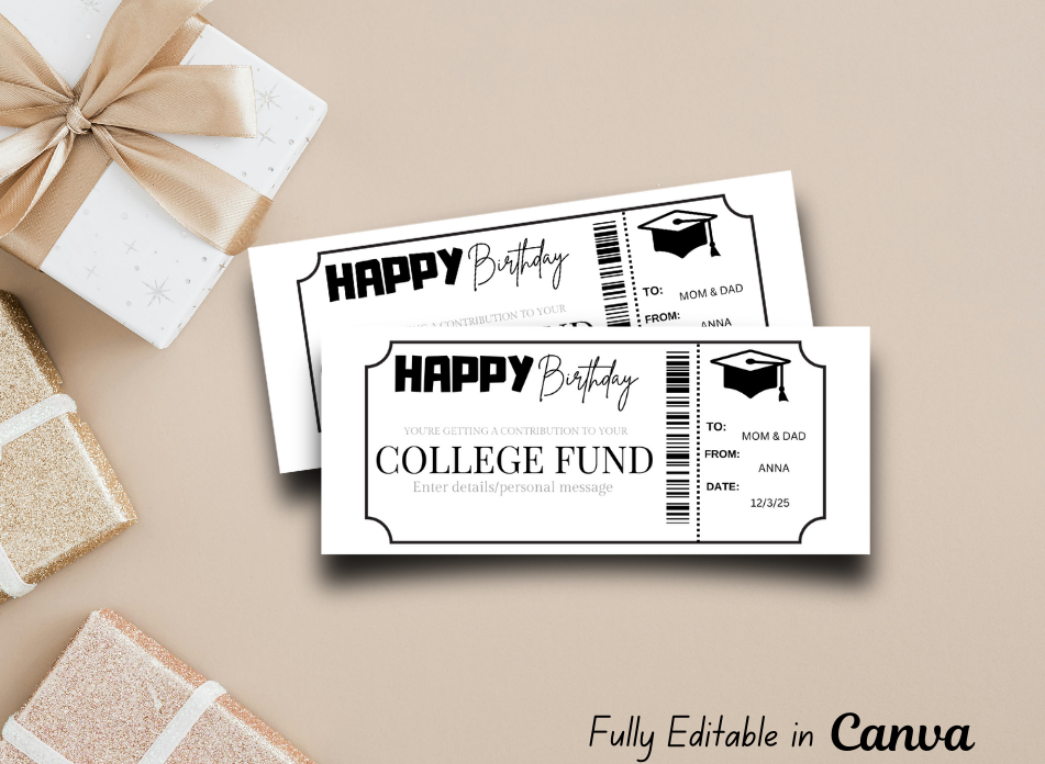 College Fund Gift Voucher Ticket | Birthday Template Certificate Ticket |INSTANT DOWNLOAD - EDITABLE Text - Printable - Wesecurelife