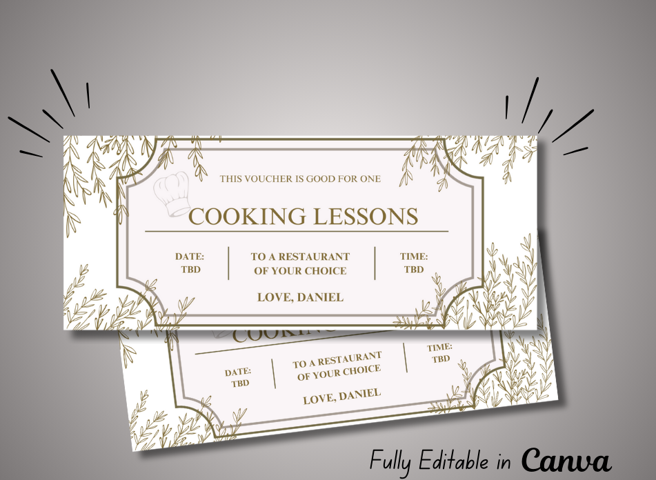 Cooking Lessons  Coupon Certificate - INSTANT DOWNLOAD - EDITABLE Text - Printable, Personalized, Ticket, Gift Birthday