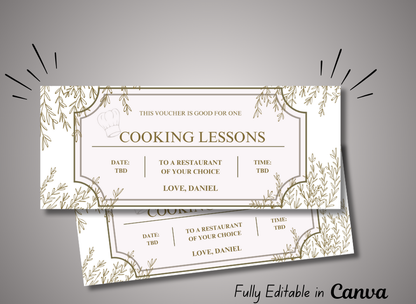 Cooking Lessons  Coupon Certificate - INSTANT DOWNLOAD - EDITABLE Text - Printable, Personalized, Ticket, Gift Birthday