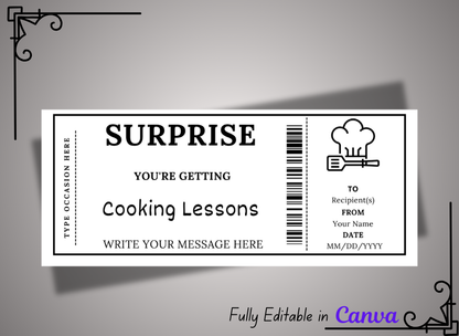 Cooking Lessons  Gift Ticket - Birthday Boarding Pass Train Gift Voucher Card Certificate - Printable Birthday Gift Template, Instant Download