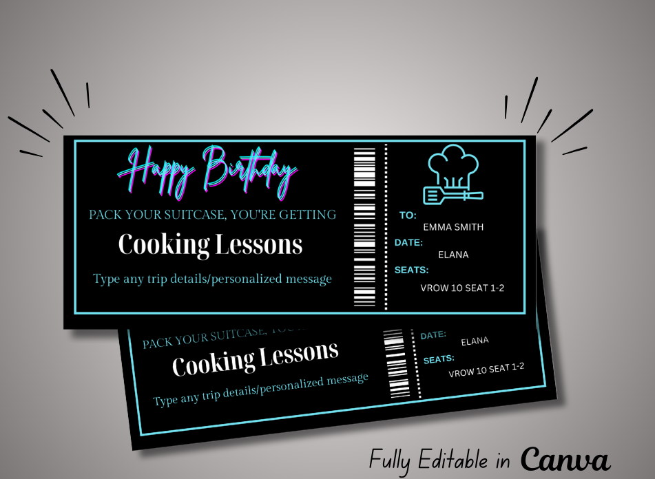 Cooking Lessons  Gift Ticket - Printable Birthday Boarding Pass & Train Gift Voucher Template, Instant Download Certificate