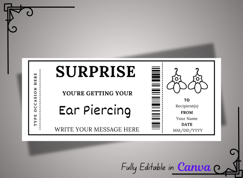 Ear Piercing Gift Ticket - Birthday Boarding Pass Train Gift Voucher Card Certificate - Printable Birthday Gift Template, Instant Download