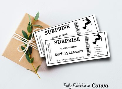 Surfing Lessons Gift Ticket - Birthday Train Boarding Pass Voucher - Printable Gift Certificate Template, Instant Download