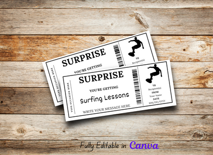 Surfing Lessons Gift Ticket - Birthday Train Boarding Pass Voucher - Printable Gift Certificate Template, Instant Download