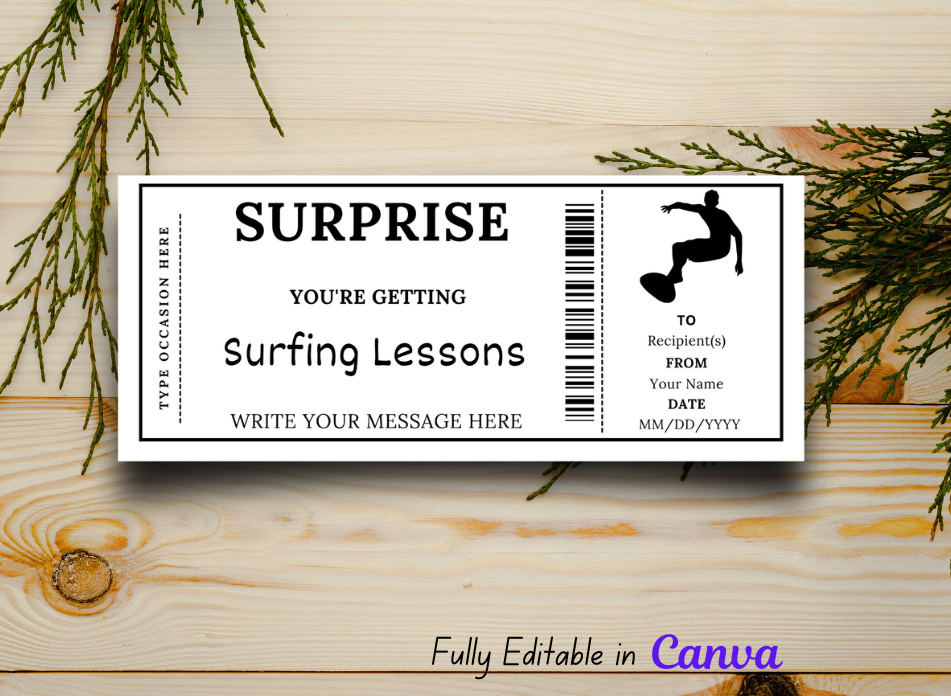 Surfing Lessons Gift Ticket - Birthday Train Boarding Pass Voucher - Printable Gift Certificate Template, Instant Download