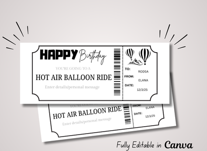 Hot Air Balloon Gift Voucher Ticket | Birthday Template Certificate Ticket |INSTANT DOWNLOAD - EDITABLE Text - Printable - Wesecurelife