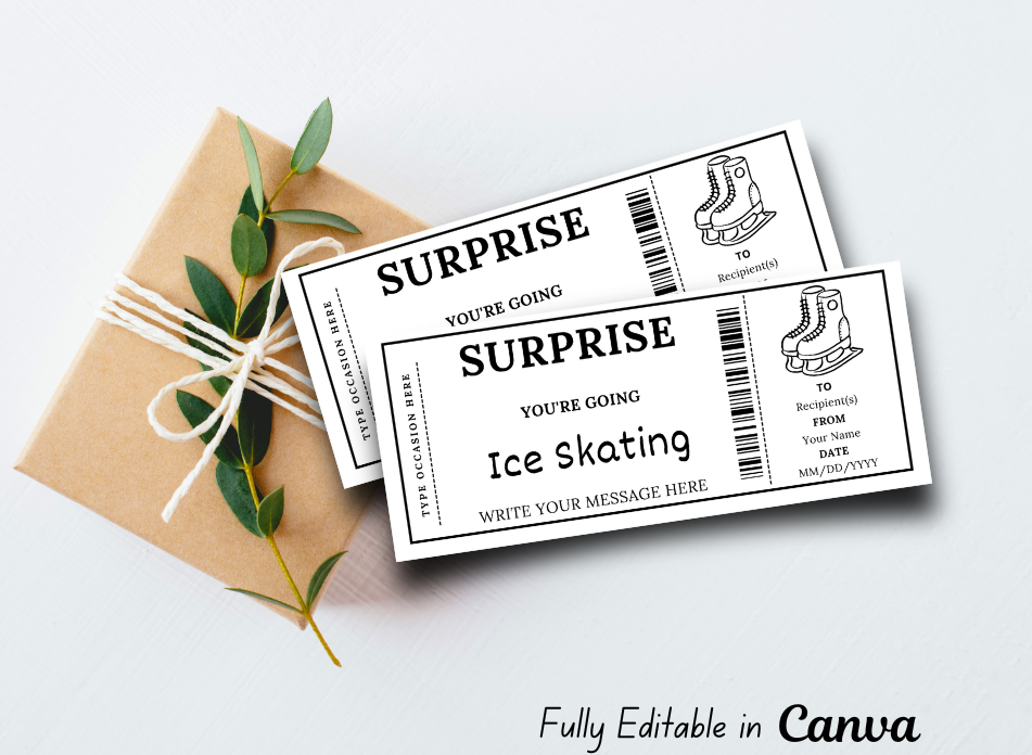 Surprise Ticket Ice Skating Gift Ticket - Birthday Train Boarding Pass Voucher - Printable Gift Certificate Template, Instant Download