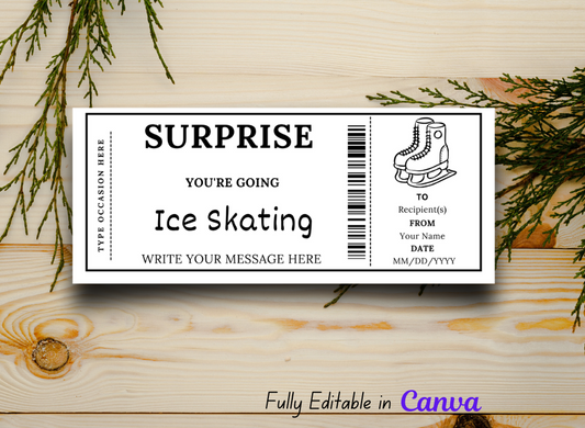 Surprise Ticket Ice Skating Gift Ticket - Birthday Train Boarding Pass Voucher - Printable Gift Certificate Template, Instant Download