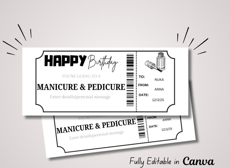 MANICURE & PEDICURE Gift Voucher Ticket | Birthday Template Certificate Ticket |INSTANT DOWNLOAD - EDITABLE Text - Printable - Wesecurelife