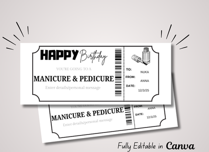 MANICURE & PEDICURE Gift Voucher Ticket | Birthday Template Certificate Ticket |INSTANT DOWNLOAD - EDITABLE Text - Printable - Wesecurelife