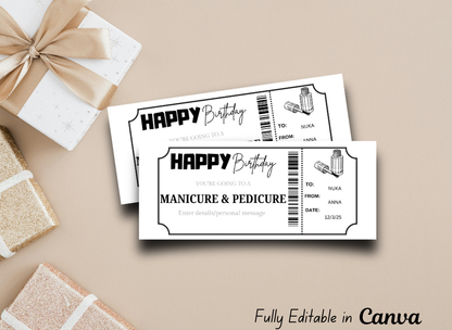 MANICURE & PEDICURE Gift Voucher Ticket | Birthday Template Certificate Ticket |INSTANT DOWNLOAD - EDITABLE Text - Printable - Wesecurelife