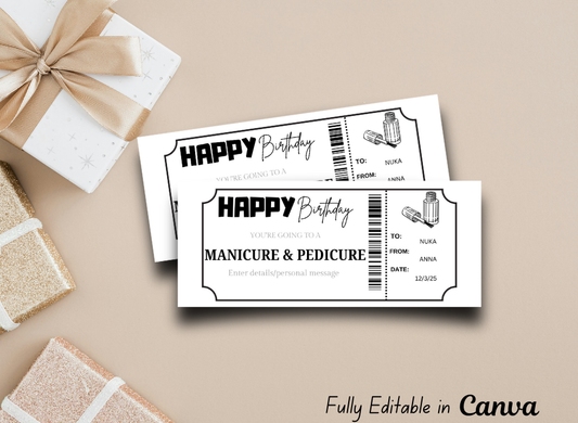 MANICURE & PEDICURE Gift Voucher Ticket | Birthday Template Certificate Ticket |INSTANT DOWNLOAD - EDITABLE Text - Printable - Wesecurelife