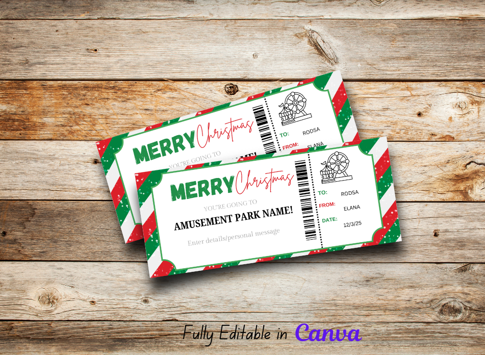 MERRY Christmas Amusement Theme Park  Gift Ticket - Printable Birthday Boarding Pass & Train Gift Voucher Template, Instant Download Certificate