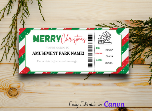 MERRY Christmas Amusement Theme Park  Gift Ticket - Printable Birthday Boarding Pass & Train Gift Voucher Template, Instant Download Certificate