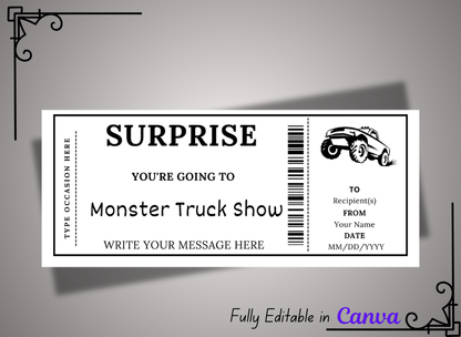 Monster Truck Show Gift Ticket - Birthday Boarding Pass Train Gift Voucher Card Certificate - Printable Birthday Gift Template, Instant Download