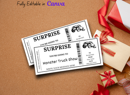 Monster Truck Show Gift Ticket - Birthday Boarding Pass Train Gift Voucher Card Certificate - Printable Birthday Gift Template, Instant Download