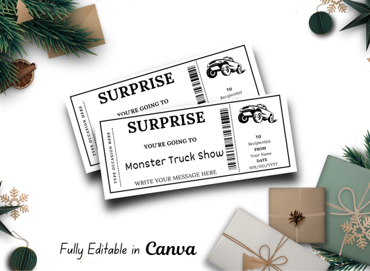 Monster Truck Show Gift Ticket - Birthday Boarding Pass Train Gift Voucher Card Certificate - Printable Birthday Gift Template, Instant Download