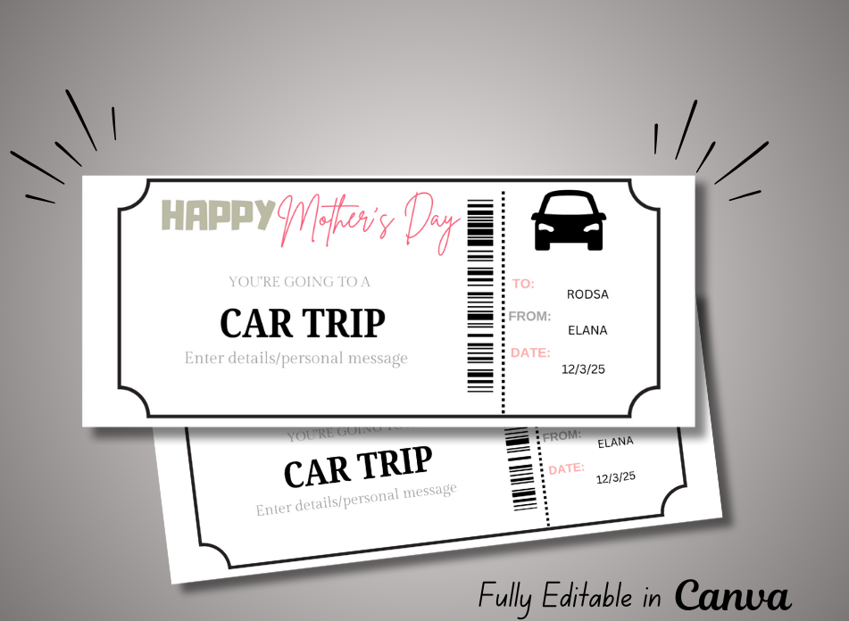 Mother's Day CAR TRIP Gift Voucher  Surprise Gift for Mom  Wine Tour Certificate Template  Mother's Day Gift  Instant Download