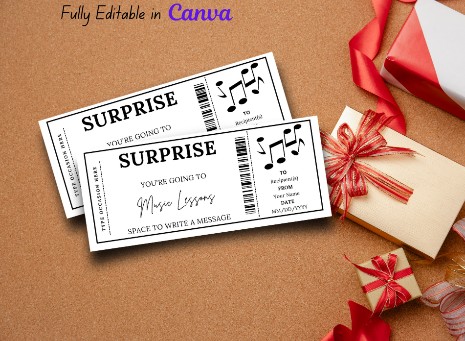 Music Lessons Gift Ticket - Birthday Boarding Pass Train Gift Voucher Card Certificate - Printable Birthday Gift Template, Instant Download