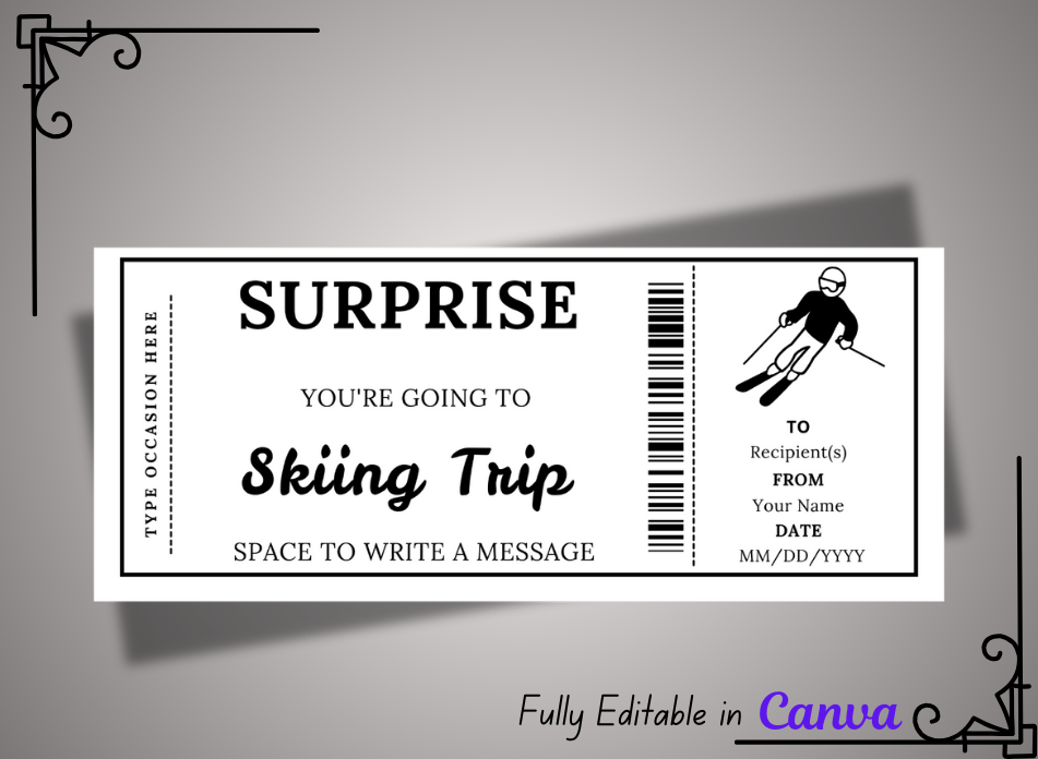 Skiing Trip Gift Ticket - Birthday Boarding Pass Train Gift Voucher Card Certificate - Printable Birthday Gift Template, Instant Download