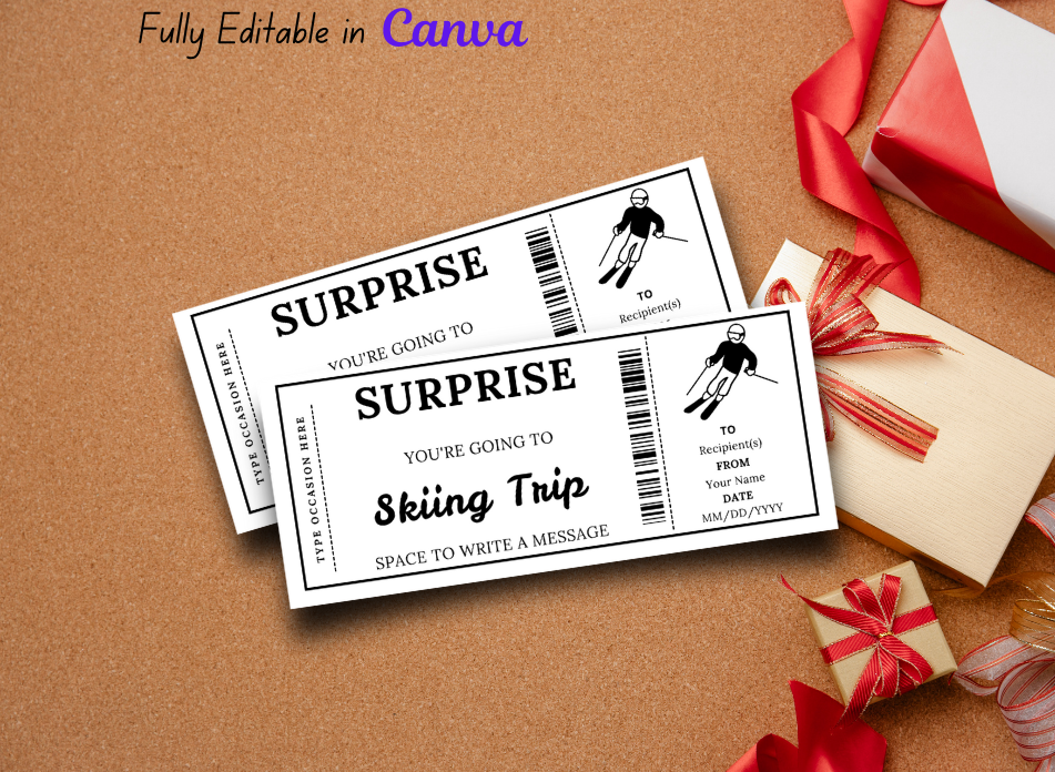 Skiing Trip Gift Ticket - Birthday Boarding Pass Train Gift Voucher Card Certificate - Printable Birthday Gift Template, Instant Download