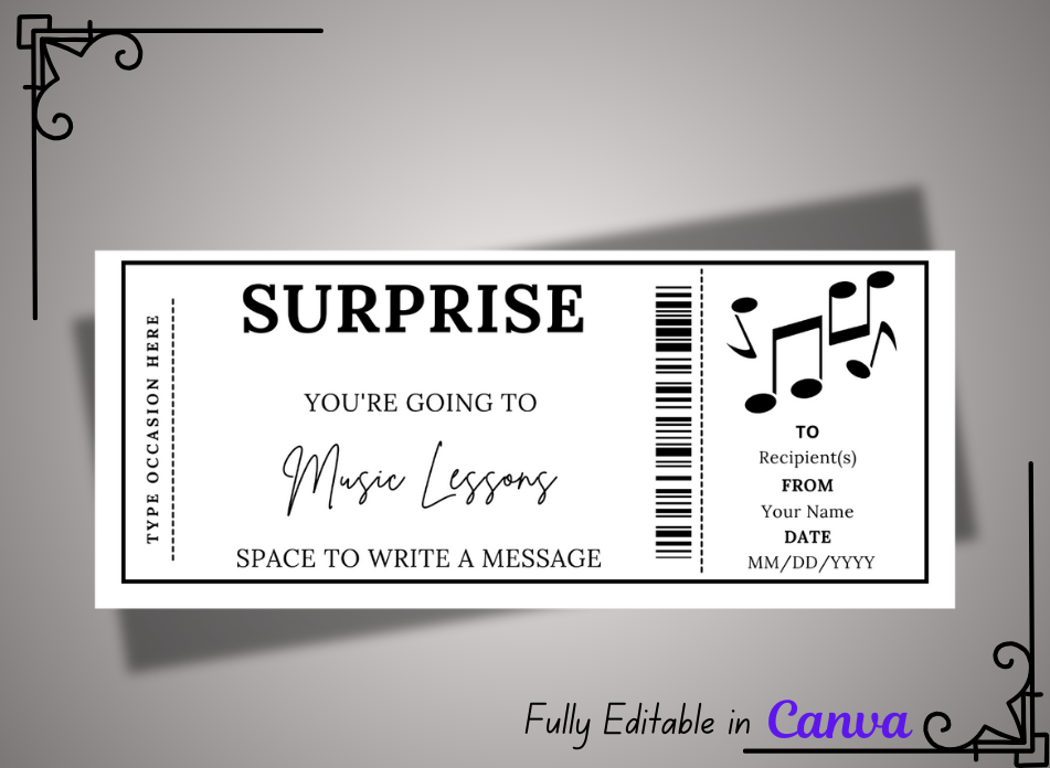 Music Lessons Gift Ticket - Birthday Boarding Pass Train Gift Voucher Card Certificate - Printable Birthday Gift Template, Instant Download