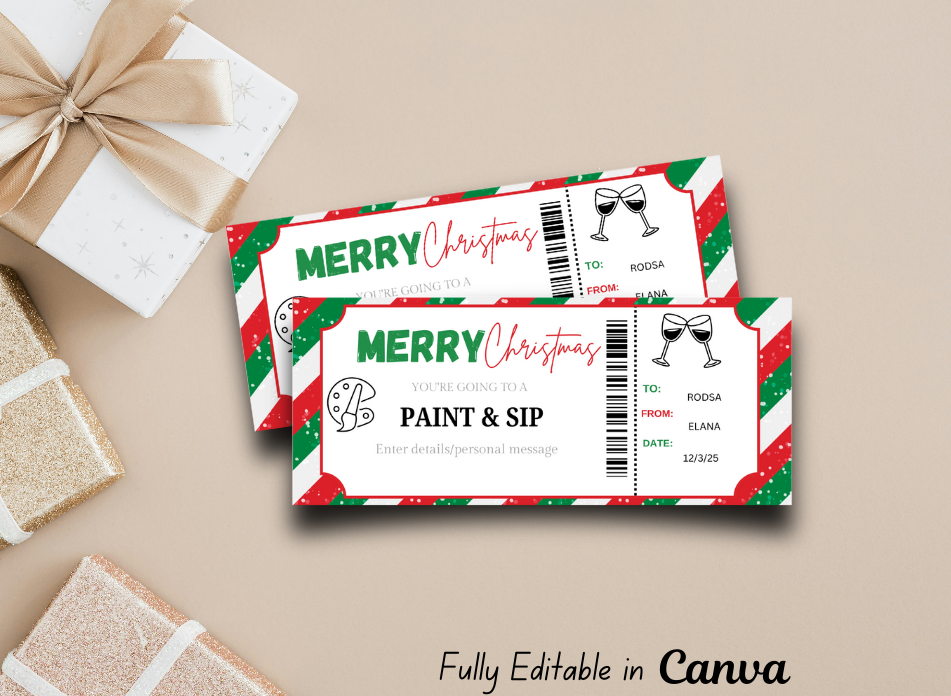 Christmas Paint & Sip Ticket Template | Art Class Gift Certificate | Date Night Idea | Painting Class Ticket INSTANT DOWNLOAD - EDITABLE Text - Wesecurelife