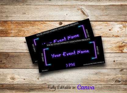 Purple neon light event ticket template, birthday concert ticket surprise, editable event tickets, neon glow party ticket printable present