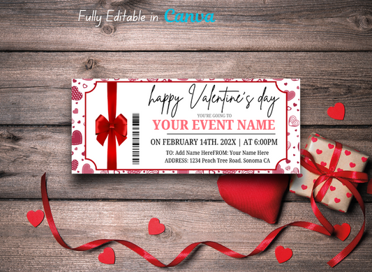 Red Bow Valentine's Surprise Ticket – Pink Hearts Concert Gift Voucher, Instant Download