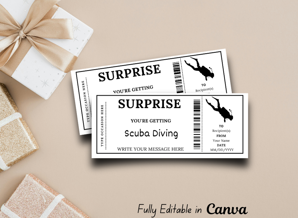 Surprise Ticket Scuba Diving Gift Ticket - Birthday Train Boarding Pass Voucher - Printable Gift Certificate Template, Instant Download