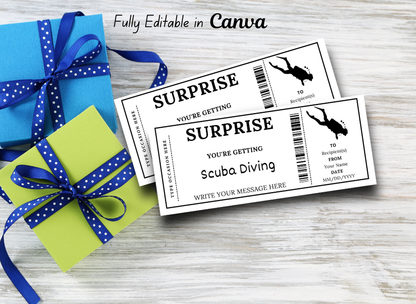 Surprise Ticket Scuba Diving Gift Ticket - Birthday Train Boarding Pass Voucher - Printable Gift Certificate Template, Instant Download