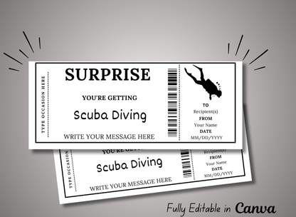 Surprise Ticket Scuba Diving Gift Ticket - Birthday Train Boarding Pass Voucher - Printable Gift Certificate Template, Instant Download