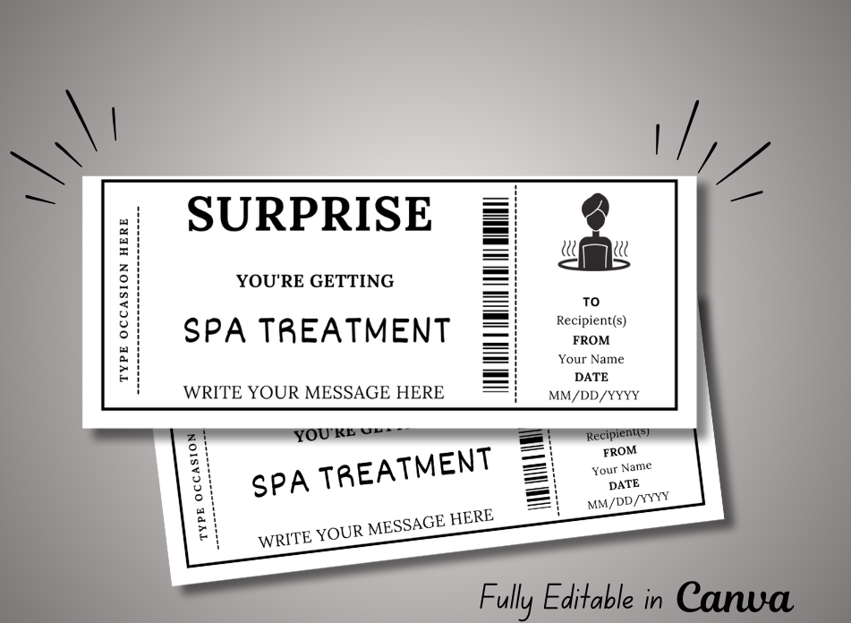 Spa Treatment Gift Ticket - Birthday Train Boarding Pass Voucher - Printable Gift Certificate Template, Instant Download