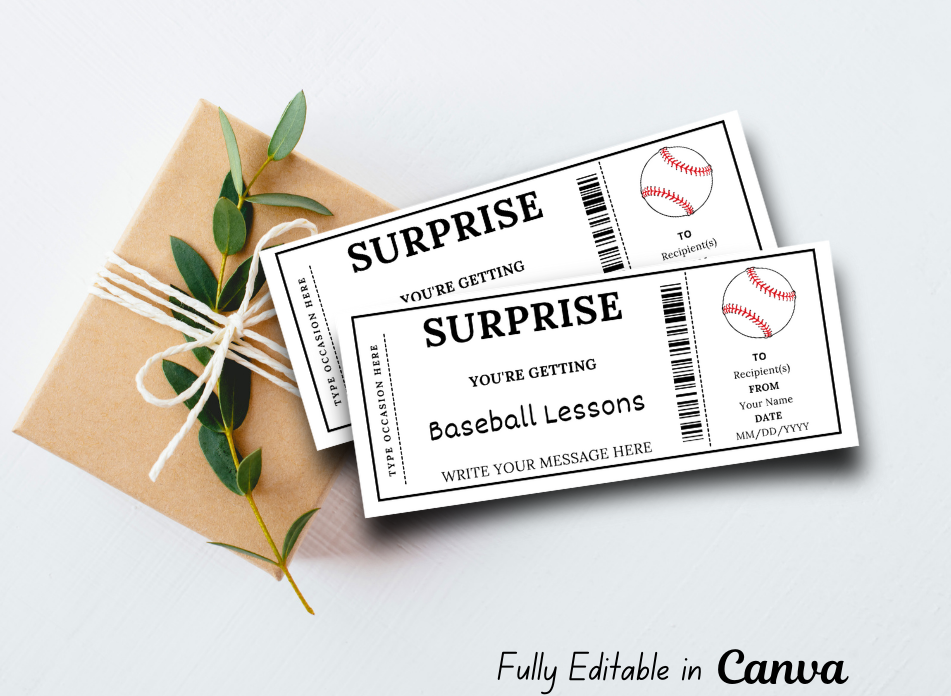 Surprise Baseball Lessons Ticket - Editable Gift Voucher Template, Printable Camp Certificate, Instant Download