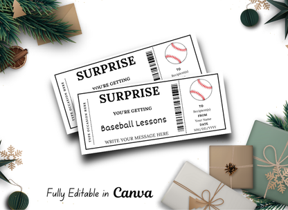 Surprise Baseball Lessons Ticket - Editable Gift Voucher Template, Printable Camp Certificate, Instant Download