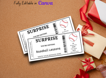 Surprise Baseball Lessons Ticket - Editable Gift Voucher Template, Printable Camp Certificate, Instant Download