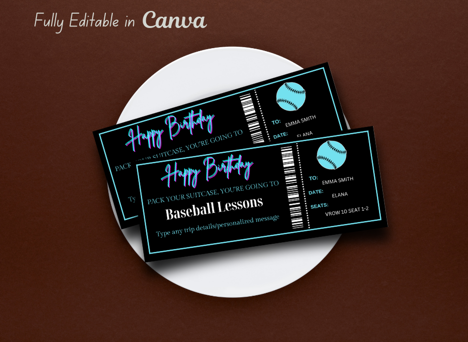 Surprise Baseball Lessons Ticket Certificate Voucher Card Template - Printable Any Occasion Gift Idea - Editable Baseball Camp Coupon