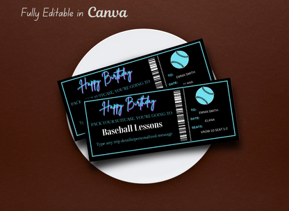 Surprise Baseball Lessons Ticket Certificate Voucher Card Template - Printable Any Occasion Gift Idea - Editable Baseball Camp Coupon